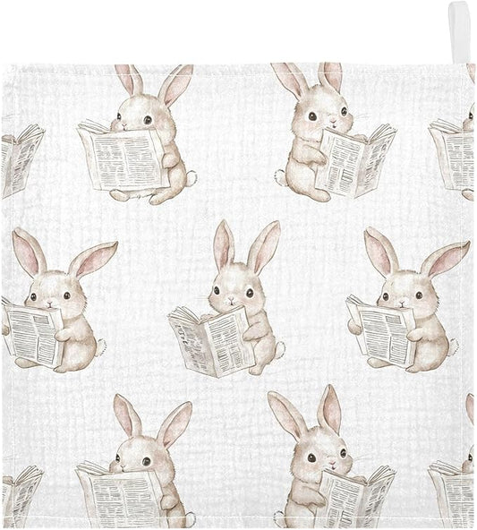 vvfelixl Baby Muslin Washcloths Bunny Reading Newspapers Baby Burp Cloths Cotton Babys Face Towel for Newborn Infants Boys Girls Soft and Absorbent 11.8 X 11.8 in, 3 Pack