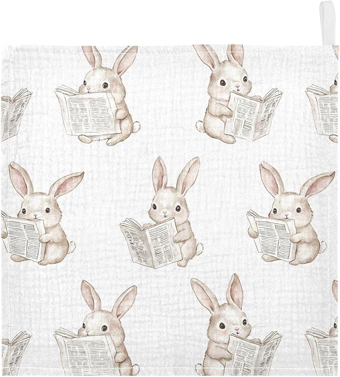 vvfelixl Bunny Reading Newspapers Baby Burp Cloths Baby Muslin Washcloths for Boys Girls Cotton Babys Face Towel for Newborn Infants Soft and Absorbent 11.8 X 11.8 in, 5 Pack