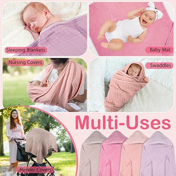 Peryiter 4 Pcs Muslin Hooded Baby Towels 32x32inch Cotton Newborn Bath Essentials Muslin Infant Blankets Absorbent Registry Baby Shower Present for Babies Girl Boy Kids (Pink Series)