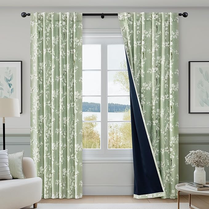 FMFUNCTEX 100% Blackout Floral Curtains for Bedroom, Sage Green Curtains 63 inch Length Blossom Patterned for Living Room, Thermal Insulated Farmhouse Drapes, Rod Pocket 2 Panels (White on Green)