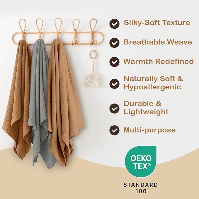 100% Organic Cotton Muslin Baby Blanket - 47 x 47 Inch Breathable Baby Blankets for Girls, Hypoallergenic Double-Layer, Soft and Cozy Newborn Baby Blanket for Sleeping & Everyday (Gold/Sage)