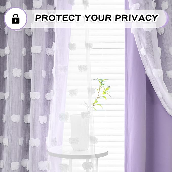 MYSKY HOME Light Blocking Lilac Curtains for Living Room White Sheer Pom Pom Kids Room Decor Drapes 108 Inches Long Double Layer Curtain for Sliding Door Grommet Window Panels Set of 2 52" x 108"
