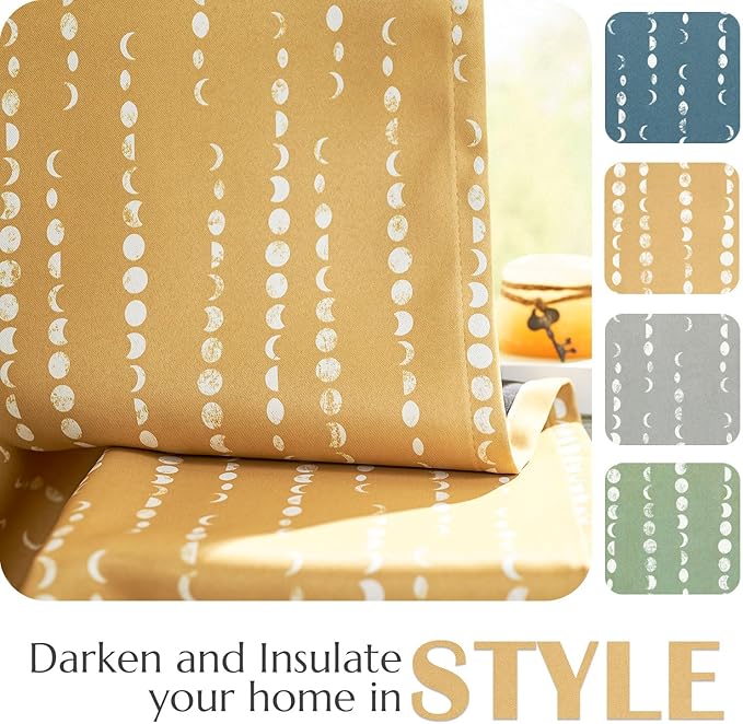jinchan 95% Blackout Bohemian Moon Phase Print Bedroom Curtains 90 Inch Long Mustard Curtain Pole Mouth Insulation for Nursery Yellow Curtain Set 2 Panels