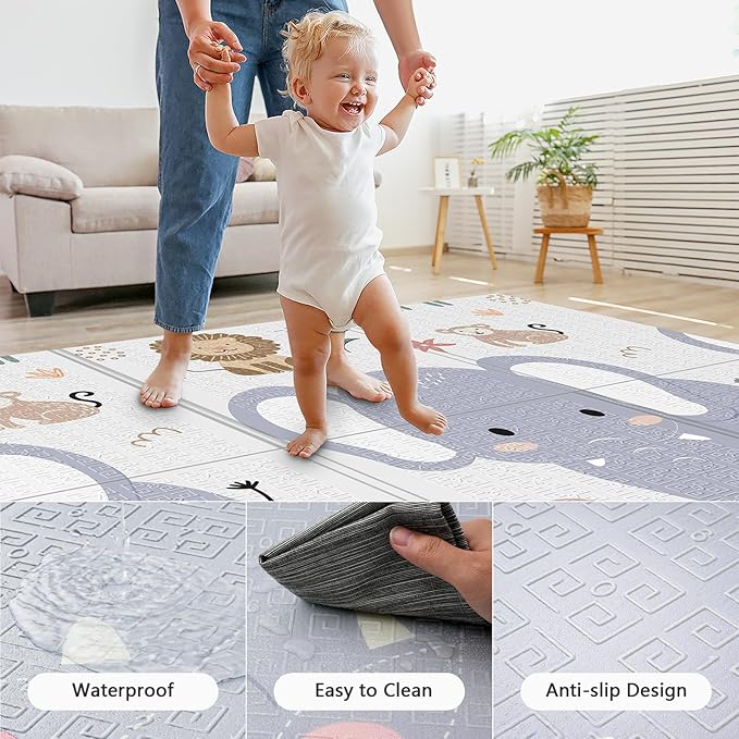 59x59 Foldable Foam Baby Play Mat for Floor, Babies Activity Tummy Time Playmat, Kids Non Toxic Foam Thick Play Mat for Baby, Toddlers, Waterproof & Anti-Slip Crawling Mats,Elephant,59x59x0.4