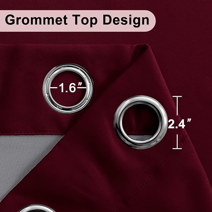 XWZO 100% Blackout Curtains Panels with Tiebacks- Heat and Full Light Blocking Window Drapes for Bedroom/Nursery, 95 Inches Long Thermal Insulated Draperies,Grommet, Burgundy, W52 x L95, Set of 2