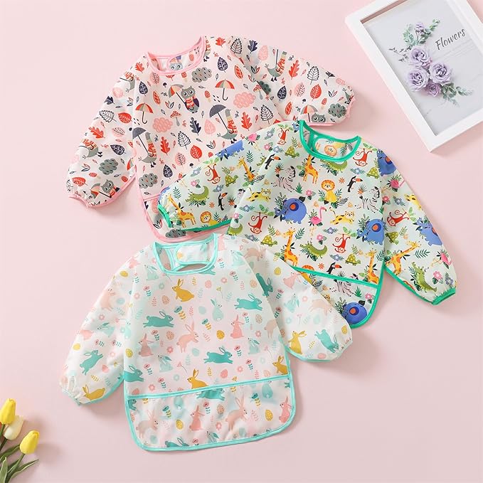 HaimoBurg 3 Pcs Waterproof Long Sleeves Baby Bibs Weaning Smock Bib 3-24 Months