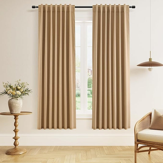 Guken 100% Blackout Linen Curtains 72 Inch Length 2 Panels Set for Living Room Bedroom Back Tab Thermal Insulated Black Out Linen Drapes Room Darkening Window Curtains,Camel Brown