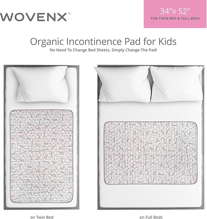 WOVENX Organic Incontinence Pads for Kids & Toddlers - 5 Layer Waterproof Protectors for Overnight Bed Wetting - Reusable & Washable Pee Pads - Fits Twin to Full Size Beds - 34" x 52" Unicorn