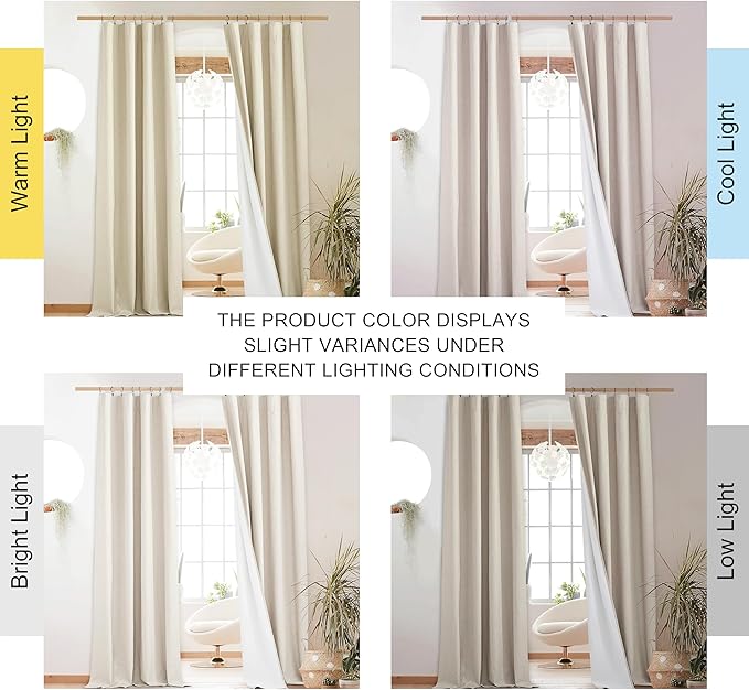NICETOWN 100% Blackout Natural Beige Linen Curtains 90 inches Length 2 Panels Set with Thermal Insulated Liners for Bedroom, Farmhouse Style Room Cooling Small Window Draperies for Dining Room
