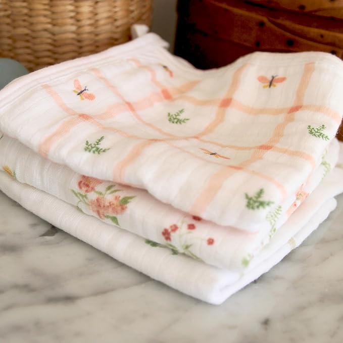 aden + anais Essentials Washcloth 3-Pack, Super Soft 100% Cotton Muslin, Gentle on Skin, 3 Absorbent 11x11 Layers, Softer with Every Use, Perfect for Babies, Infants, Toddlers, Country Floral