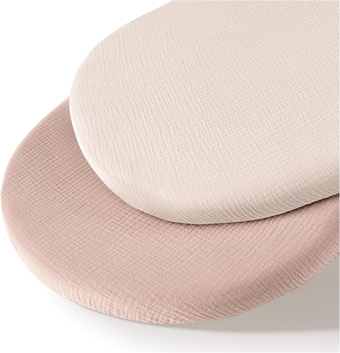 Muslin Bassinet Sheets for Babies – Soft & Breathable 100% Cotton Fitted Sheets for Oval, Rectangle, Hourglass Bassinet Mattress Pads, 2-Pack (Ivory & Pink)