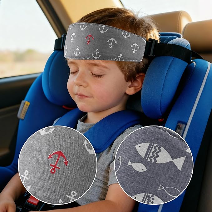 2-Pack Baby Head Support Straps, Cotton Ocean Theme with Fish and Anchor Prints, Adjustable Car Seat and Stroller Neck Support for Infants and Toddlers