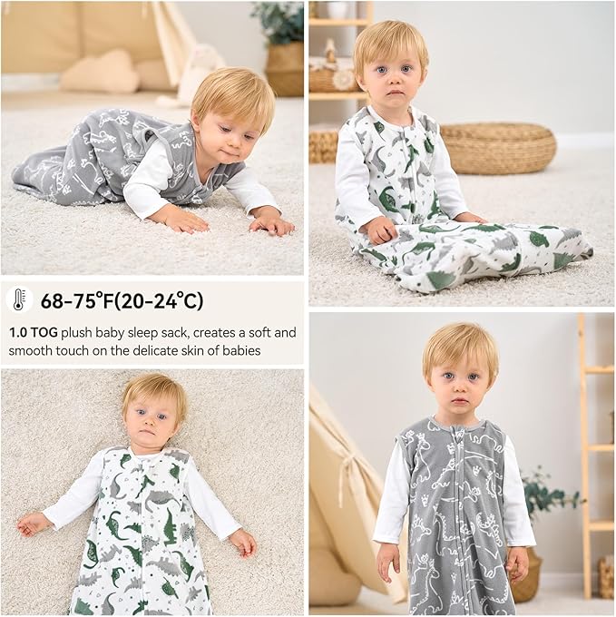 Unnivoll Fleece Baby Sleep Sack 0-6 Months 1.0 Tog Baby Wearable Blanket Microfleece Sleeping Sack with 2-Way Zipper for Newborn Infant Grey & White Dinosaur