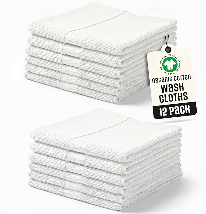 Organic Cotton Wash Cloths Luxurious Plush Feather Touch Quick Dry Wash Cloths Pack of 12 GOTS & Oeko- TEX Certified | Premium Soft, Absorbent, Small Hand Face Towels Wash Rags– Ivory