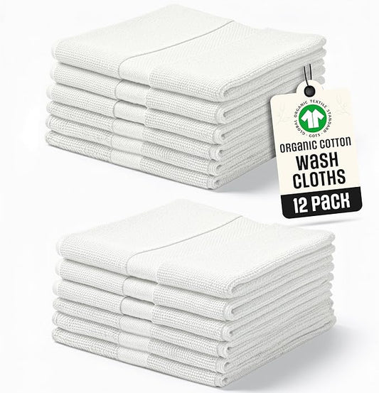 Organic Cotton Wash Cloths Luxurious Plush Feather Touch Quick Dry Wash Cloths Pack of 12 GOTS & Oeko- TEX Certified | Premium Soft, Absorbent, Small Hand Face Towels Wash Rags– Ivory