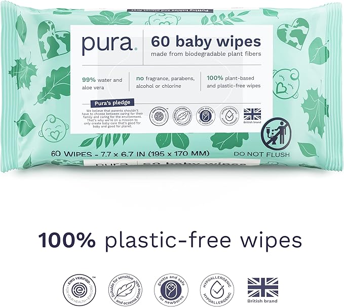 Pura Natural Sensitive Baby Wipes, 99% Water, Unscented & Hypoallergenic, Suitable for Sensitive & Eczema-prone Skin, Fragrance Free & Hypoallergenic, EWG Verified, 3 x 60 per pack (180 Wipes)