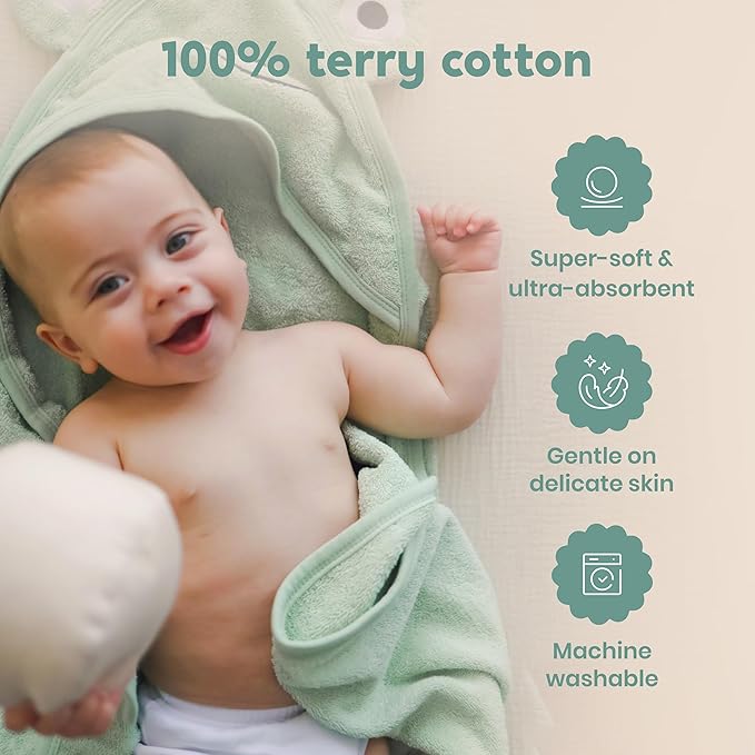 CuddleBug Premium Hooded Baby Bath Towel & Washcloth Set (Frog) - 100% Cotton Terrycloth Hooded Baby Towels for Newborn & Toddler, Super-Soft & Absorbent, Newborn Essentials (30" x 30") - Sage Green