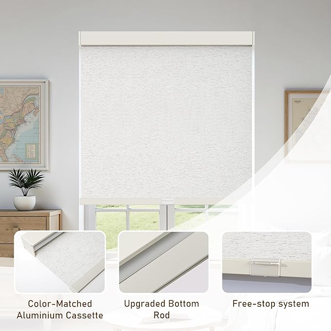 AOSKY Linen Roller Blinds Shades for Indoor Windows Pull Down Cordless Blackout Black Out Window Shade 33 inch Blinds for Home Linen