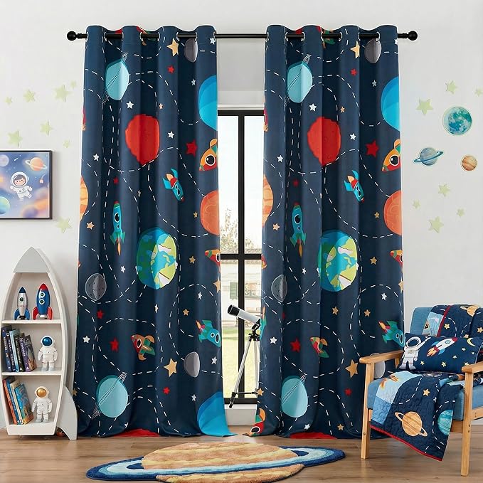 Kids Space Themed Blackout Curtains - 100% Blackout Perfect for Kids Room, Spark Kids Imagination with Vibrant Cosmos Designs, Noise Reduction, Thermal Insulated, (2 Panels W52×L96)