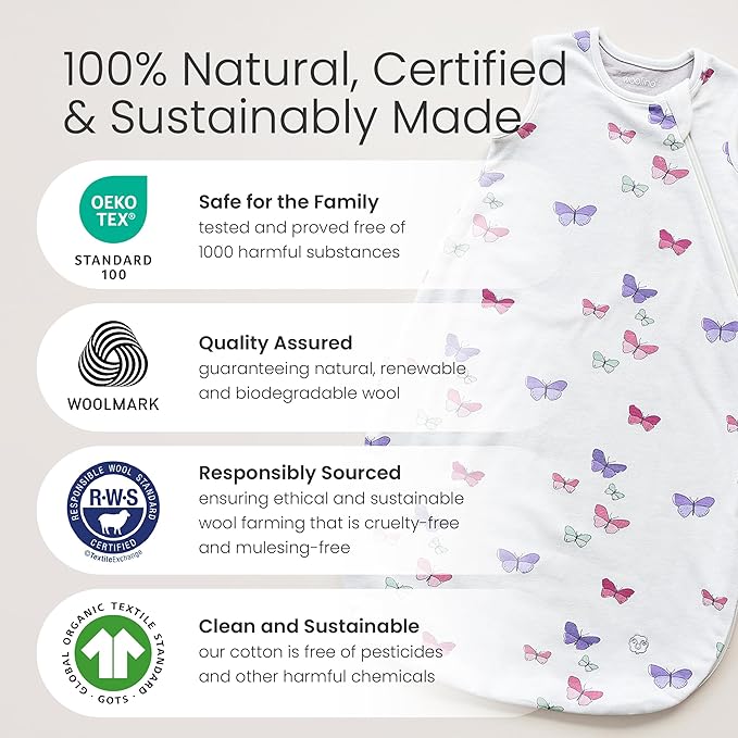 Woolino Merino Wool and Organic Cotton Baby Sleep Bag - 4 Season Classic Sleep Sack - Two-Way Zipper Sleeping Bag for Baby and Toddler - 6-18 Months - Night Sky