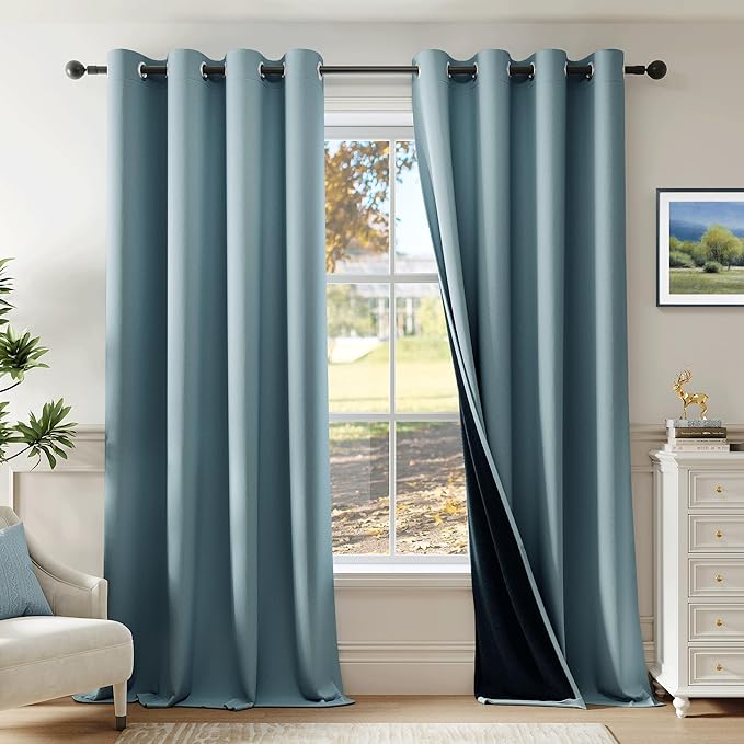 Beauoop Dusty Blue 100% Blackout Curtains 63 Inch Long 2 Panels for Bedroom Living Room Solid Room Darkening Thermal Insulated Soundproof Energy Saving Grommet Top Window Treatment Drapes,52x63 2 Set