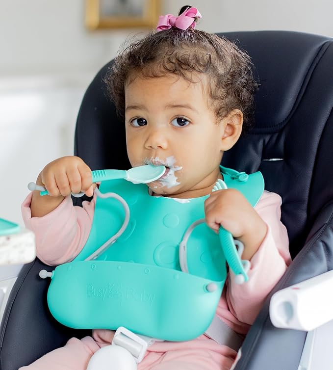 BUSY BABY Bungee Bib – Adjustable Silicone Bib with Pocket & Tether System for Mess-Free Meals with Babies & Toddlers
