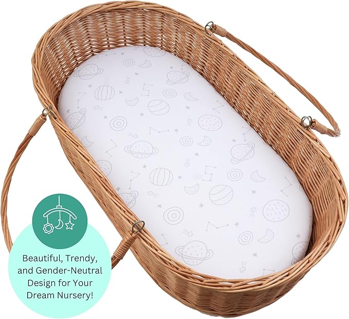 Bassinet Sheets for Maxi COSI Iora, Munchkin Brica Fold N' Go, 4moms MamaRoo, Delta Children Bassinet, 3PC, 18 x 33 Inch, Ultra Soft, Breathable, Snug Fit, Unisex Boys Girls (Space Rockets)