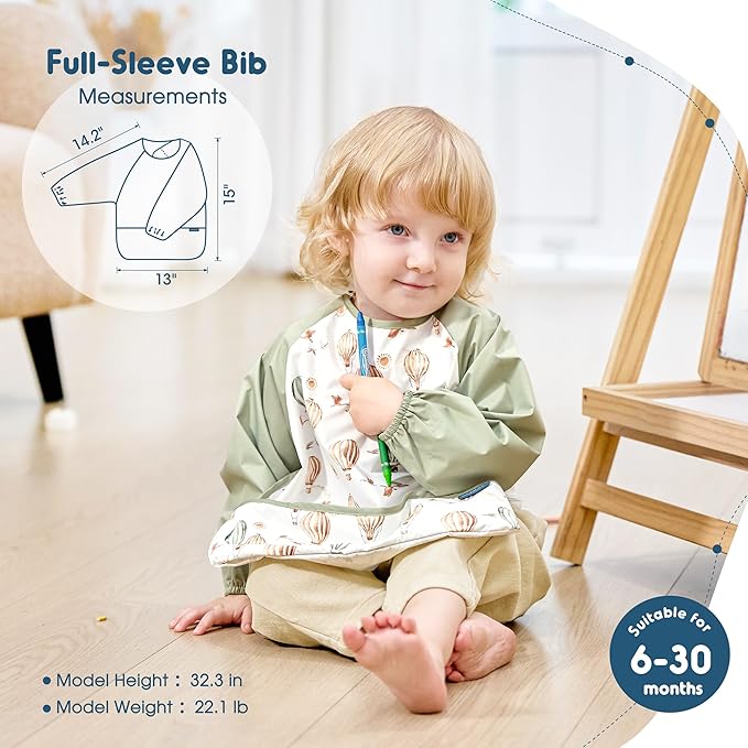 GRSSDER 2 Pack Long Sleeve Baby Feeding Bibs, Super Soft Lightweight Waterproof Coverall Baby Led Weaning Bib with Large Food Catcher Pocket, Adjustable and Easy Clean for 6-30 Months