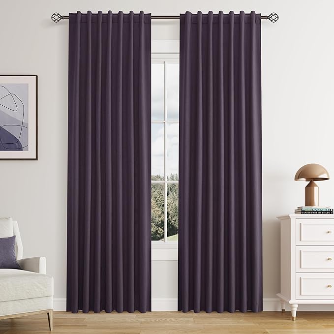 Guken 100% Blackout Curtains 80 Inch Length 2 Panels Set for Living Room Bedroom Back Tab Thermal Insulated Black Out Linen Drapes Room Darkening Window Curtains 80 Inches Long,Plum