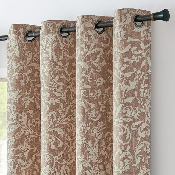 jinchan 80% Blackout Curtains for Bedroom, Farmhouse Drapes with Scroll Floral Patterned for Living Room, Grommet Top Thermal Insulated Curtains, Vintage Country Drapes 72 inch Length 2 Panels Taupe