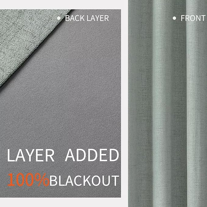Joydeco Sage Green, Linen 100% Blackout Curtains for Bedroom 2 Panels Set, Thermal Insulated Burlap Grommet Room Darkening Drapes for Living Room (42x63 inch, Sage Green)