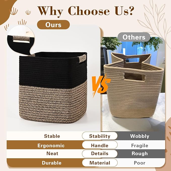 13 Inch Storage Cubes, 3 Pack Cube Storage Bins for Organizing, Cotton Rope Woven Baskets for Shelves, Bathroom, Kids Room, Closets, Baby Nursery