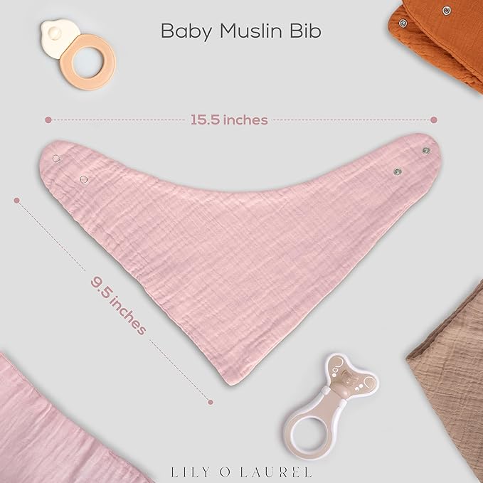 LILY O LAUREL Muslin Baby bibs for drooling and teething, 100% cotton, Bibs for baby girl, Muslin bibs for boys (8 Pack)