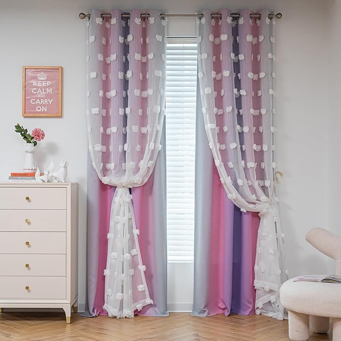 MYSKY HOME Pom Pom Curtains Blackout and Sheer Curtains for Girls Bedroom Ombre Nursery Curtains 84 Inch Long Room Darkening Princess Double Layer Curtains with Grommet Top Pink Purple 52 x 84 in