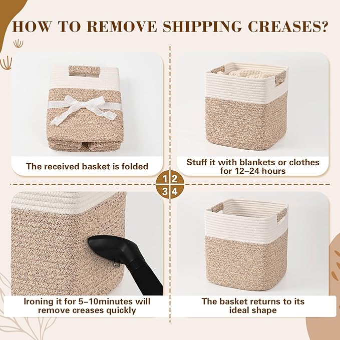 13 Inch Storage Cubes, 3 Pack Cube Storage Bins for Organizing, Cotton Rope Woven Baskets for Shelves, Bathroom, Kids Room, Closets, Baby Nursery