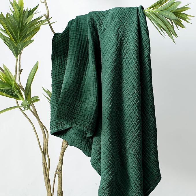 Carriediosa 100% Cotton Muslin Throw Blanket 70" X 80" Twin Size，4-Layers Summer Gauze Throws for Bed Couch，Soft Lightweight Breathable Linen Blankets Bedspread for Adults All Season，Dark Green