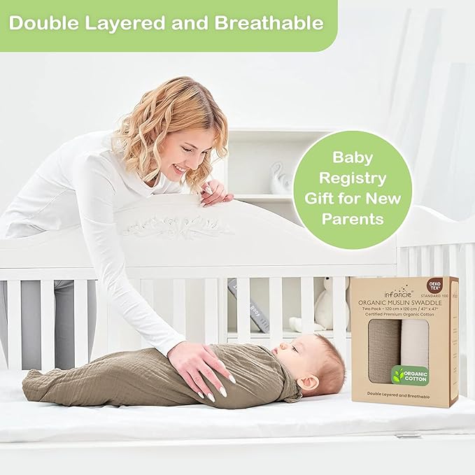 100% Organic Cotton Muslin Baby Blanket - 47 x 47 Inch Breathable Baby Girl Swaddle Blanket, Hypoallergenic Double-Layer, Soft and Cozy Baby Blankets for Sleeping & Everyday Use (Olive/Ivory)