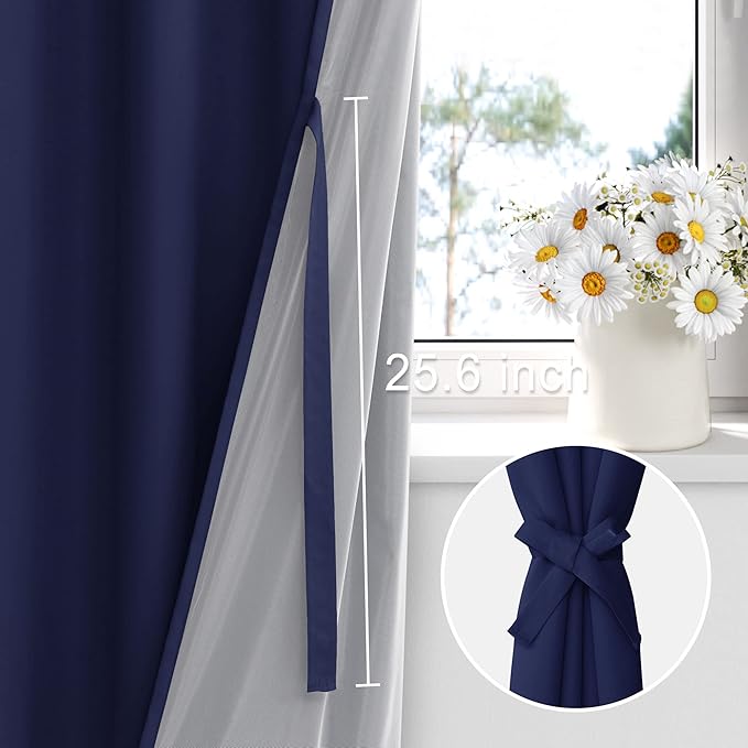 XWZO 100% Blackout Curtain Panels - Thermal Insulated Black Liner Curtains, Noise Reducing and Heat Blocking Drapes for Hall and Studio Windows with Tiebacks, Navy Blue, W52 x L45, Set of 2
