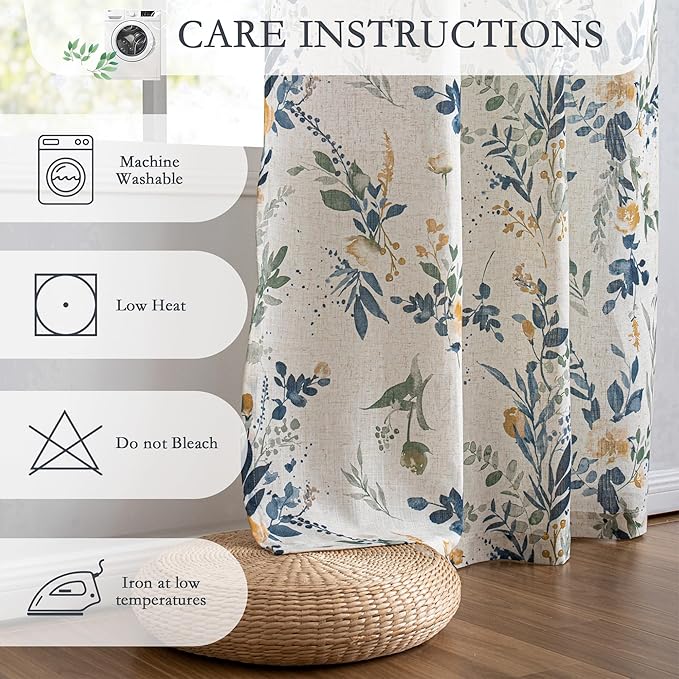 MYSKY HOME Floral Linen Extra Long Curtains 102 inch Length 2 Panels Set - Light Filtering Semi Sheer Protect Privacy Patterned French Drapes Back Tab for Living/Dining Room, 50" W, Yellow and Blue