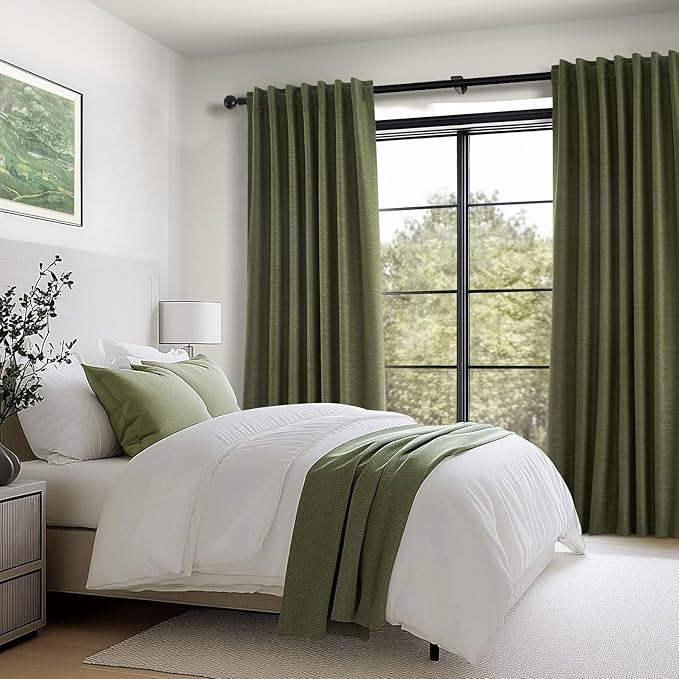Topfinel Olive Green Linen Blackout Curtains 84 Inch Long for Living Room,Pinch Pleated Drape with Hooks Back Tab Boho Decor, Olive Forest Loden Full Black Out Curtains for Bedroom