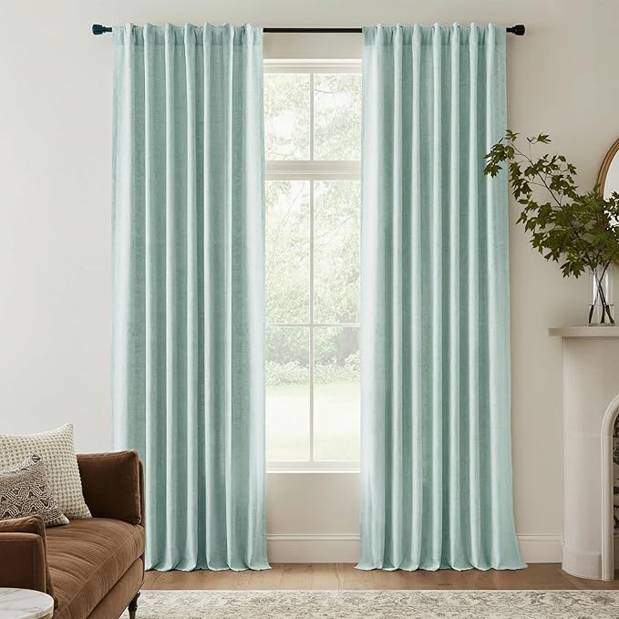 NICETOWN Seafoam Green Living Room Completely Shaded Linen Textured Draperies, 2 Pieces, W52 x L84, Privacy Protection & Noise Reducing Ring Top Drapes, White Lined Insulated Window Treatment Curtains