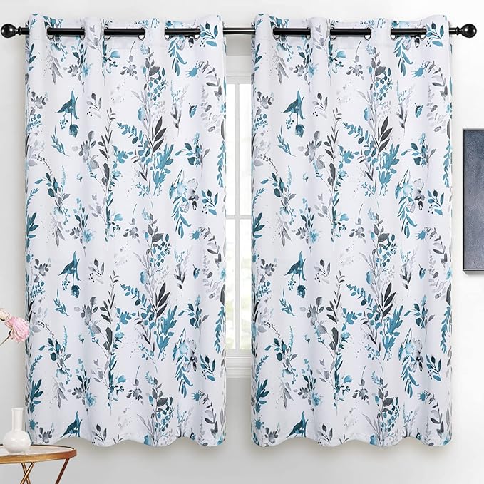 MYSKY HOME Floral Blackout Curtains for Bedroom Thermal Insulated Curtains 63 Inch Length 2 Panels Farmhouse Curtains for Living Room Light Blocking Grommet Flower Drapes, Turquoise
