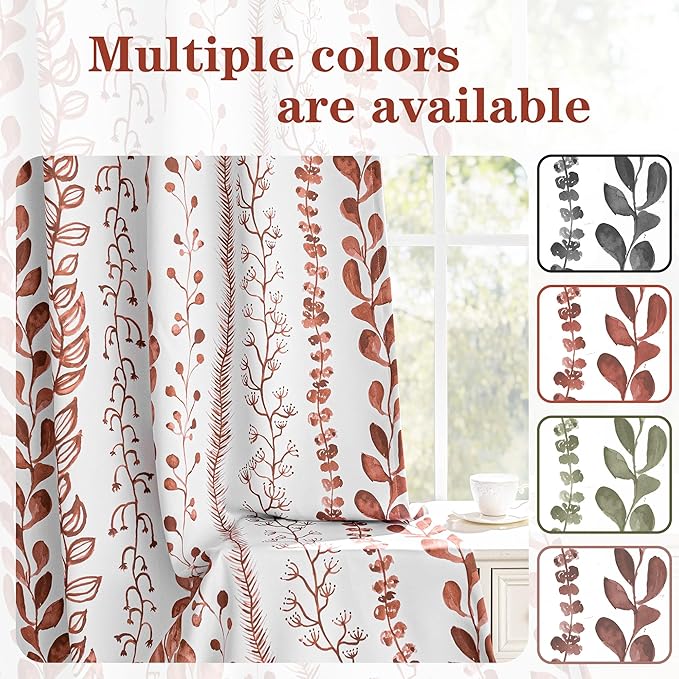 MEETSKY Boho Terracotta Blackout Curtains 63 Inches Long 2 Panels for Bedroom - Burnt Orange Curtains for Living Room Thermal Insulated Rod Pocket Drapes, Leaf Print Window Treatment, 50" Wide