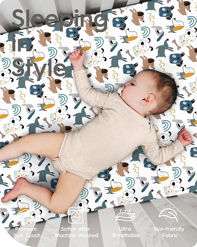 TotBasic Pack and Play Sheets Fitted, Ultra Soft Mini Crib Sheets Boy, Neutral Pack N Play Mattress Sheets Hypoallergenic and Soothing, Premium Jersey Playrad Sheets, Print Dino Animals, 2 Pack