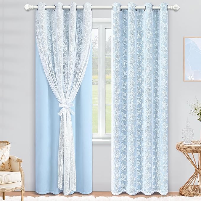 Yinhua Blue Curtains for Living Room Blackout Curtains for Bedroom 84 Inches Long Double Layer Curtain with Tiebacks, Thermal Insulation Grommet Drapes for Nursery Dining Room, 52" W x 84" L