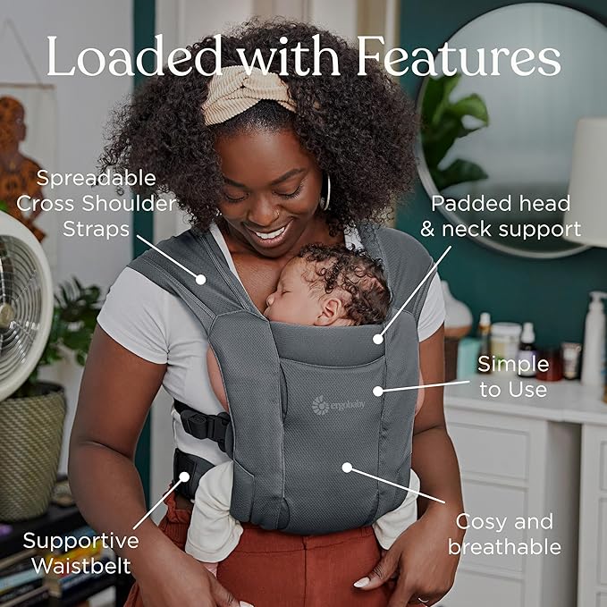 Ergobaby Embrace Baby Carrier Newborn to Toddler - Lightweight Ergonomic Baby Carriers - Cozy Essentials (7-25 Pounds), Soft Air Mesh, Washed Black