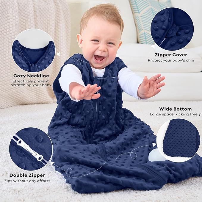 FIEMOL Fleece Baby Sleep Sack 6-12 Months, 1.5 TOG Cotton Baby Wearable Blanket With Soft Plush Dots, 2 Pack Newborn and Infant Warm Sleeping Sack with 2-Way Zipper Blue&Grey