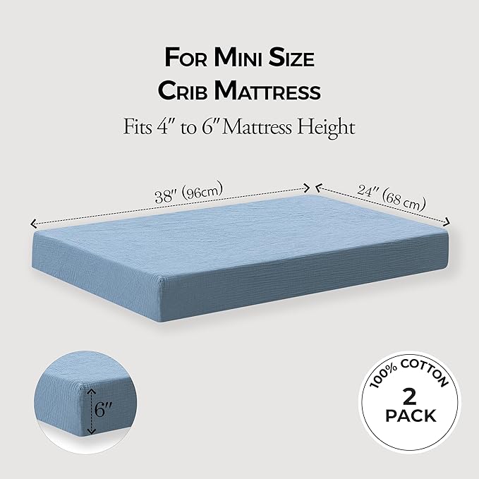 Dreamology Mini Muslin Crib Sheets,100% Cotton Mini Crib Sheets,2 Pack,Soft & Breathable,Crib Sheet,Girl,Boy,Pack n Play Sheets,Pack and Play Sheets Fitted,24x38 Mini Crib Sheet | Blue and Light Blue