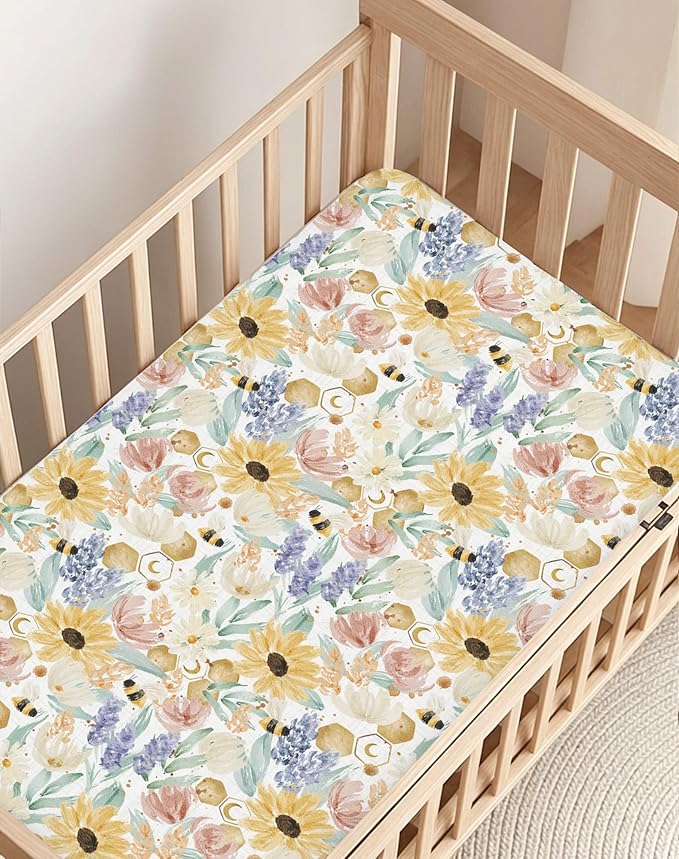 Pack and Play Sheets 2 Pack, Fitted Jersey Knit Mini Crib Sheets for Baby Boys and Girls, Compatible with Graco Pack N Play and Mini Crib Mattress (Golden Meadow, Pack N Play/Mini Crib Sheets)