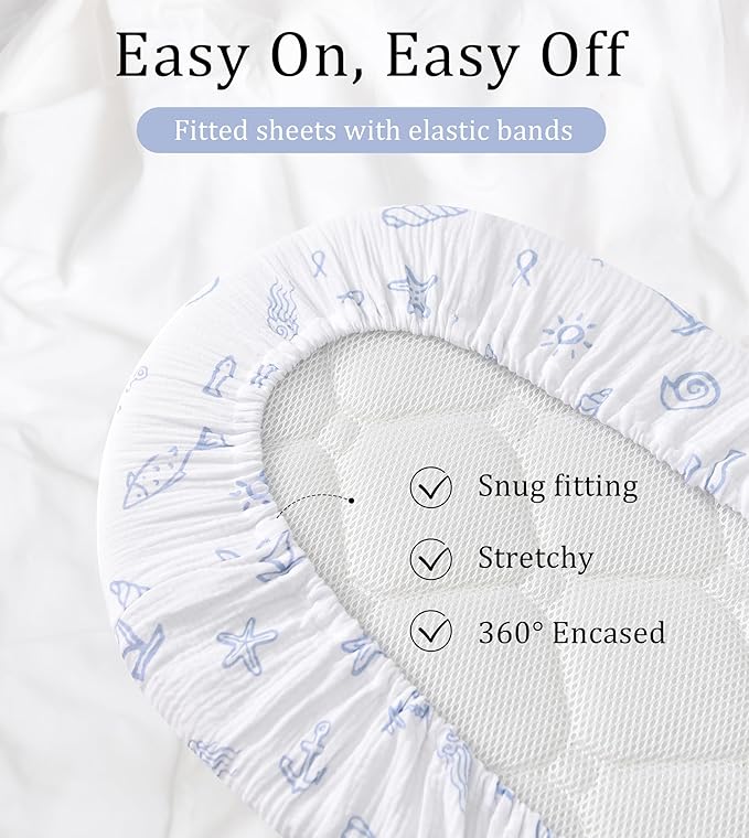 Organic Cotton Muslin Bassinet Sheets, 2 Pack – Soft, Breathable, Universal Fit for Oval, Rectangle & Hourglass Mattresses, Machine Washable, Neutral Colors for Baby Boys & Girls
